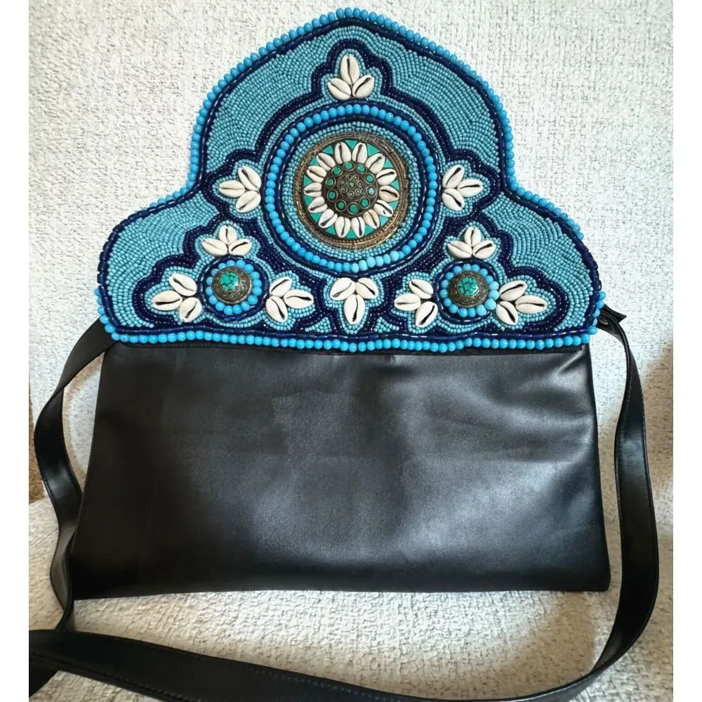 Shoulder Handbag Black with‎ Beaded Art Blue Turquoise Beads Sea Shells Design